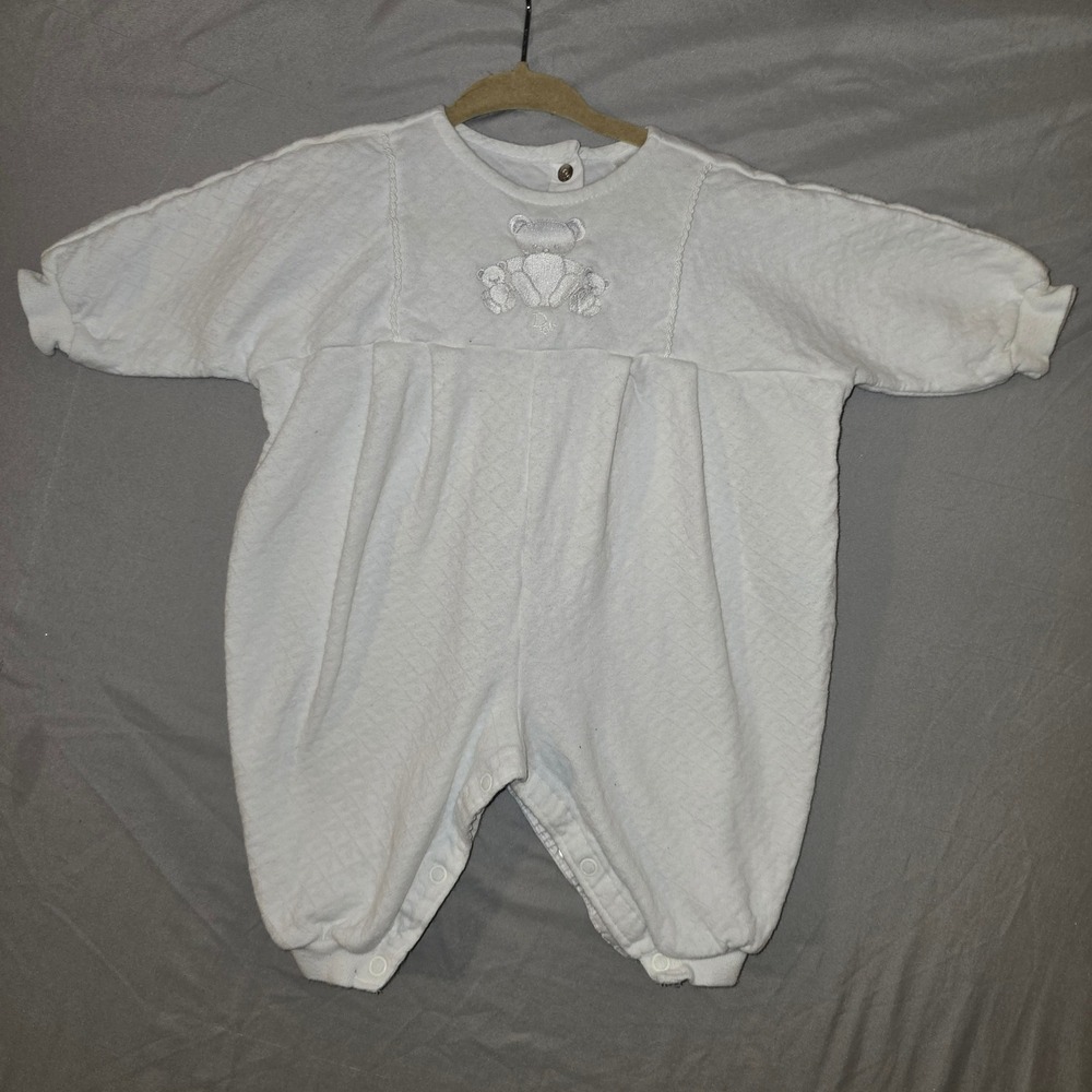 Baby Dior Jumpsuit 6 Months White Quilted Teddy Bear Embroidered Snap Romper